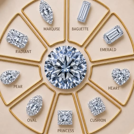 Diamond shape chart — Round, Pear, Oval, Emerald, Marquise, Cushion, Princess, Radiant, Heart, Asscher